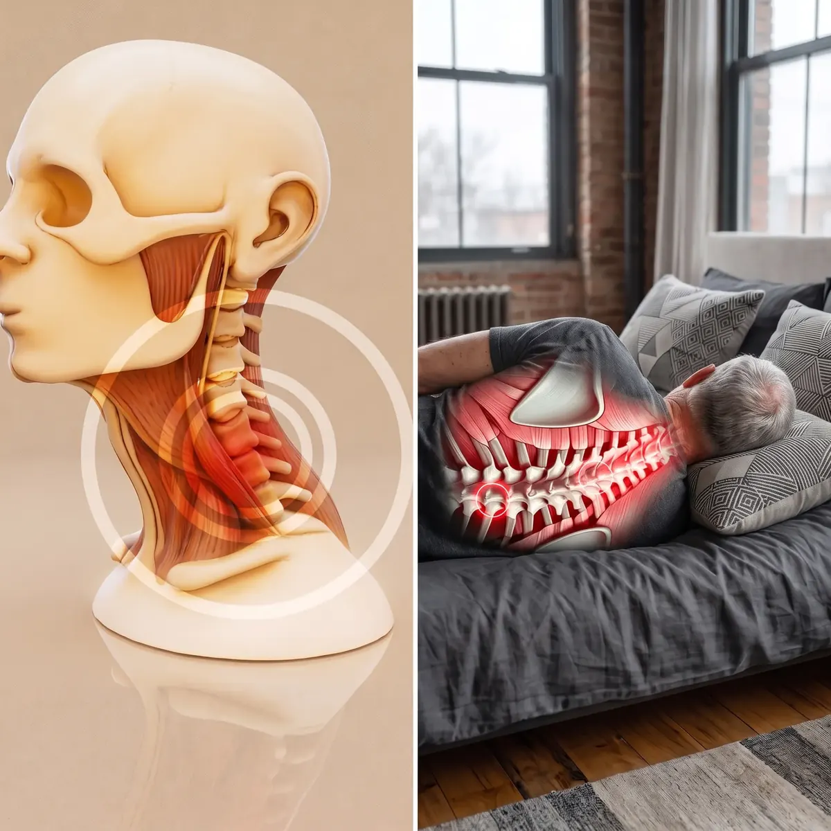 Links eine anatomische Büste eines Kopfes und Halses im Profil mit freigelegter Muskulatur und rot leuchtender unterer Halswirbelsäule, rechts ein Mann mit grauen Haaren in Seitenlage im Bett mit eingeblendeter Wirbelsäule, deren Mitte rot und orange leuchtet