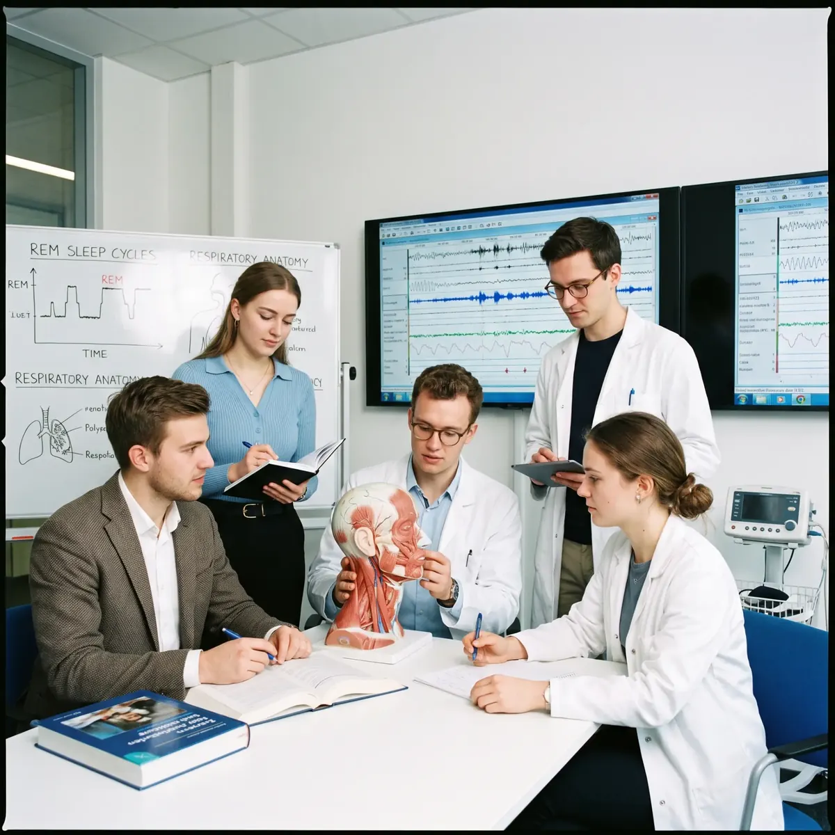 Fünf Menschen in einem hellen Raum mit zwei Bildschirmen, die Schlafdaten zeigen, und einem Whiteboard mit Schlafzyklus-Diagrammen; auf dem Tisch ein anatomisches Kopfmodell, das eine Person im weißen Kittel berührt