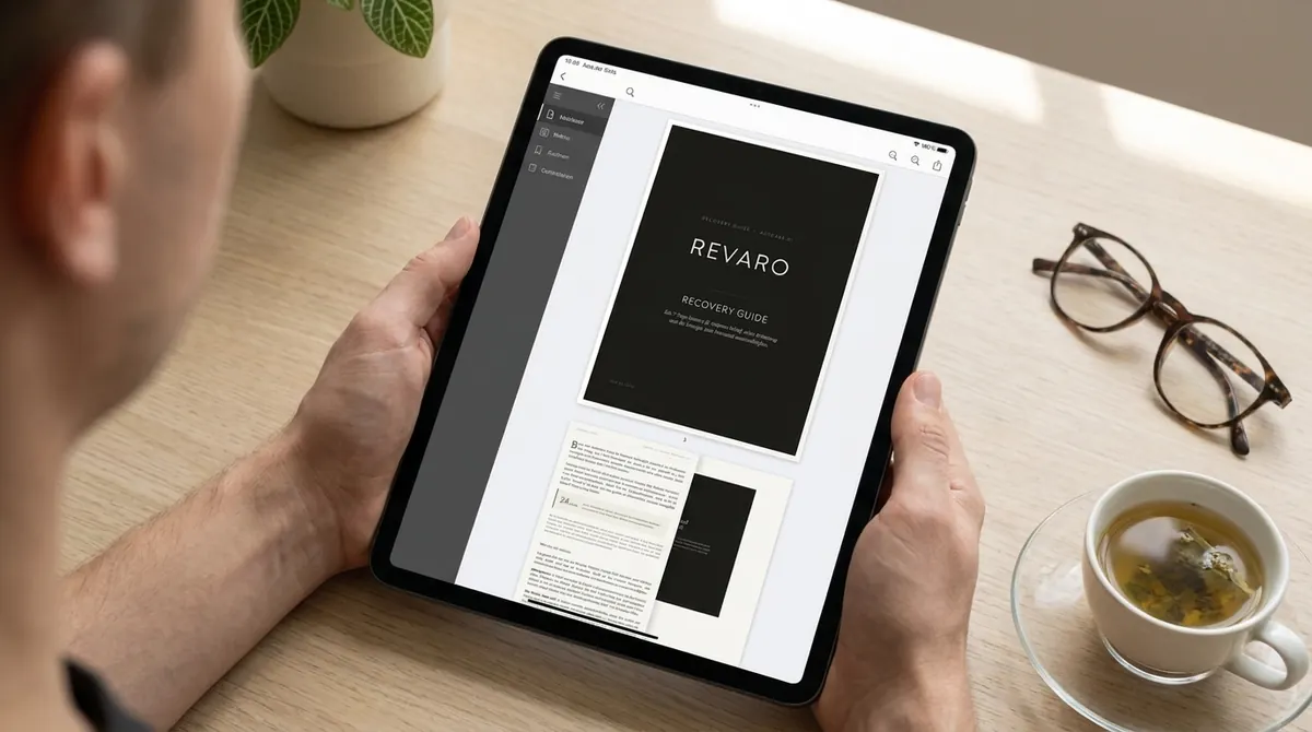 Eine Person liest den Revaro Recovery Guide auf einem Tablet an einem hellen Holztisch; auf dem Deckblatt steht REVARO RECOVERY GUIDE, daneben liegen eine Brille und eine Tasse Tee